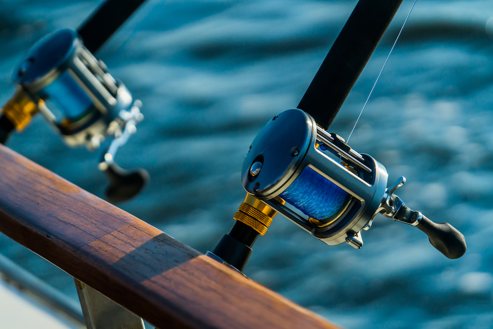 close up of fishing reel on a boat